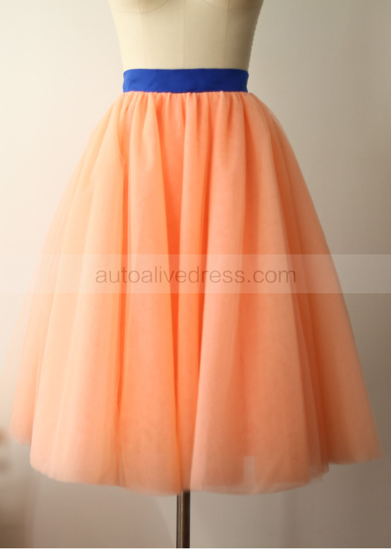 Peach Pink Tulle Royal Blue Satin Belt Short Skirt